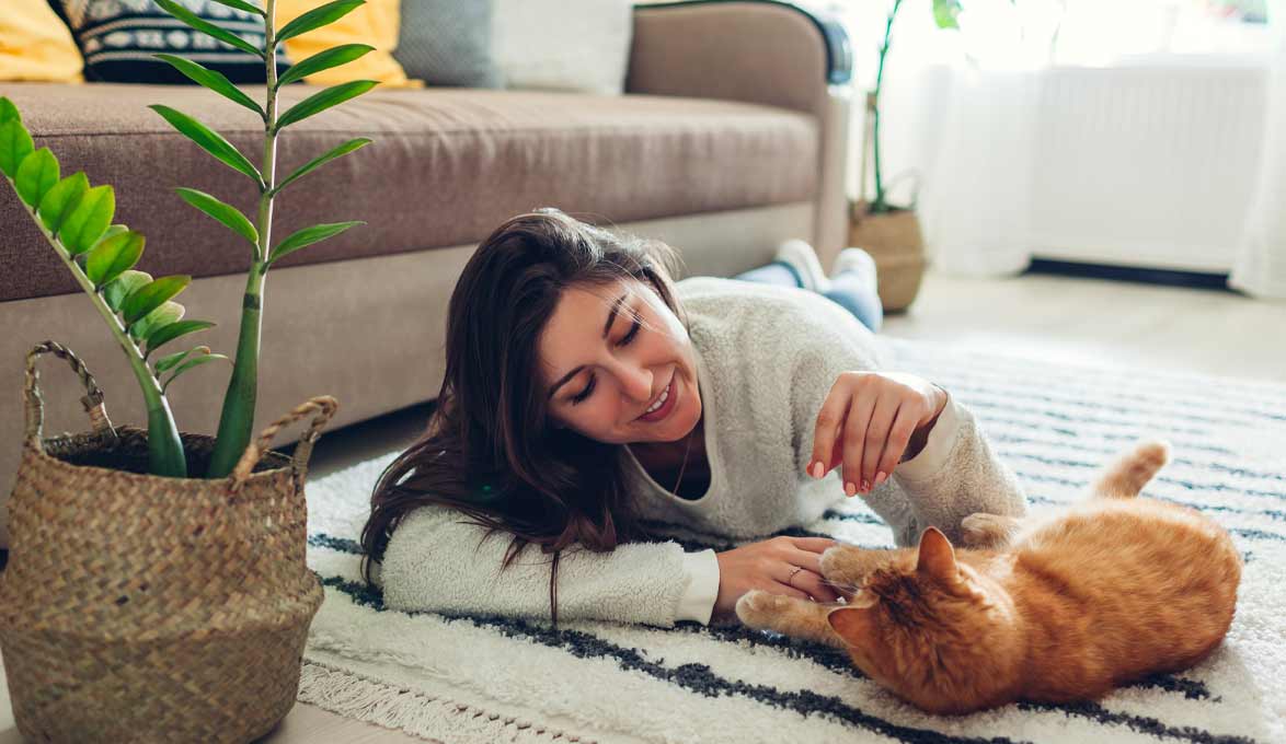 woman playing with a cat in her new house